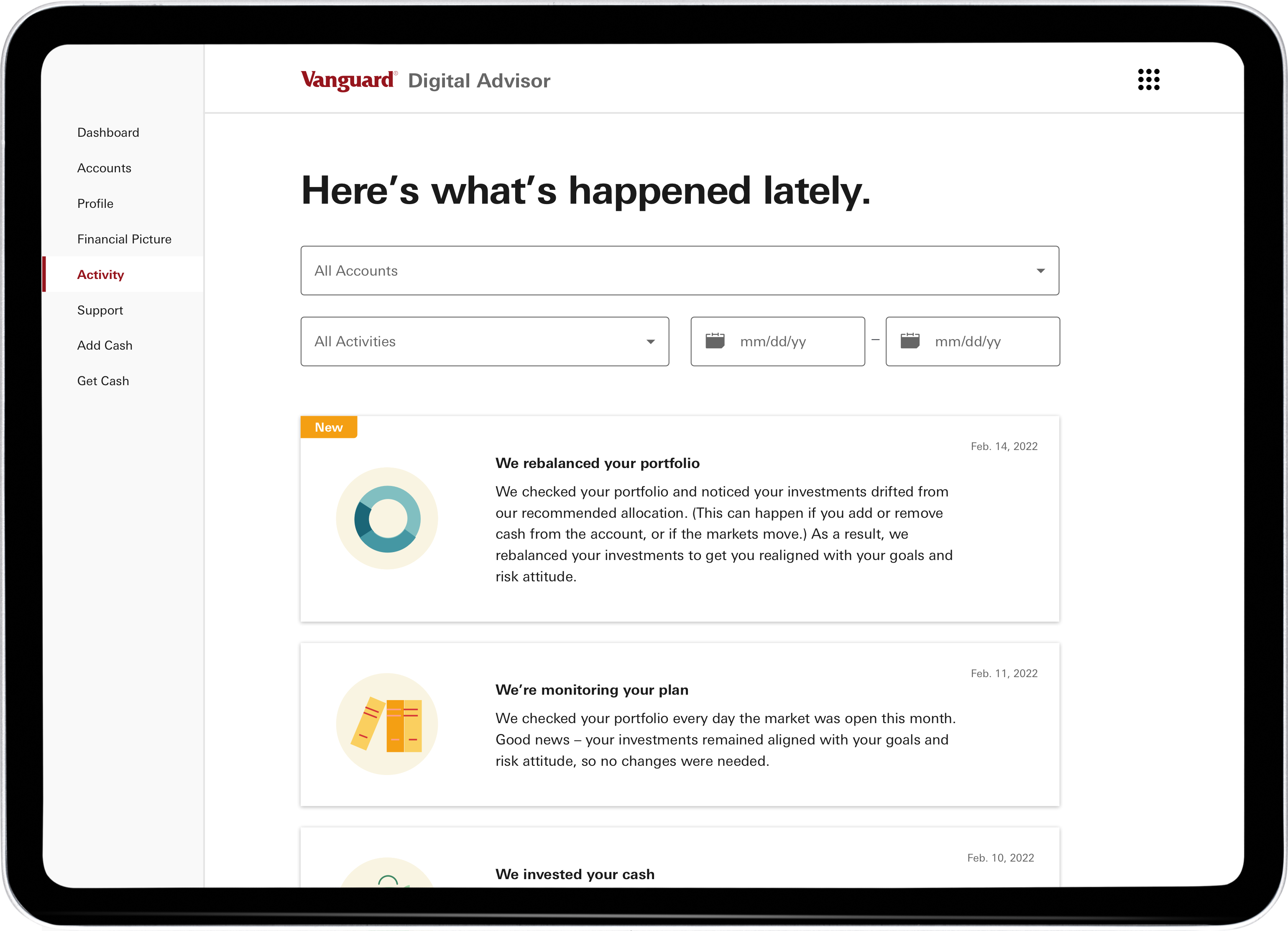 Webpage screenshot with header: Here’s what’s happened lately. The sample page lists recent activity in a Digital Advisor account.