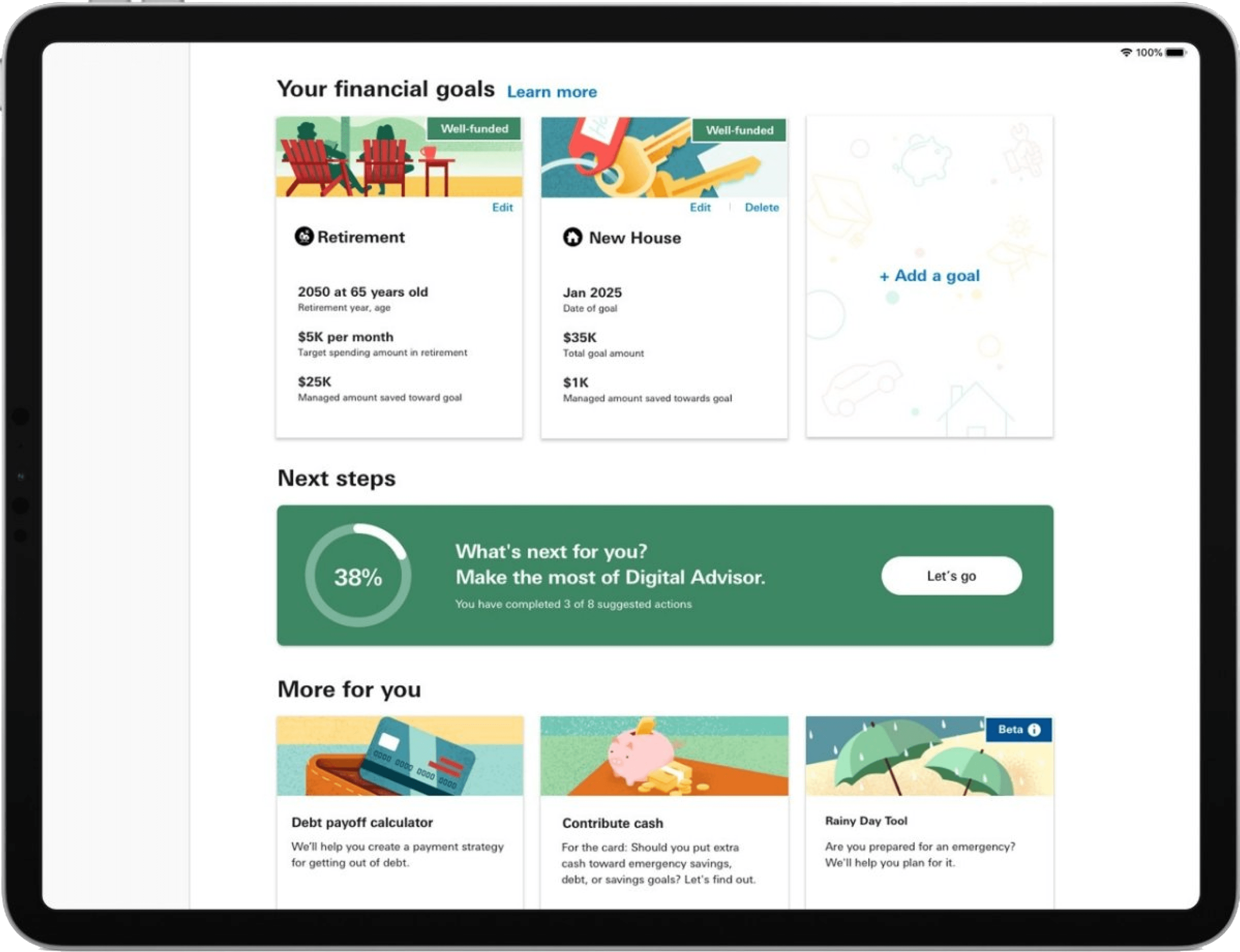 Webpage screenshot with header: Your financial goals. This page shows different goals you can set with Digital Advisor—like saving for retirement or a new house. And it calls out the next steps to take to help you reach those goals.