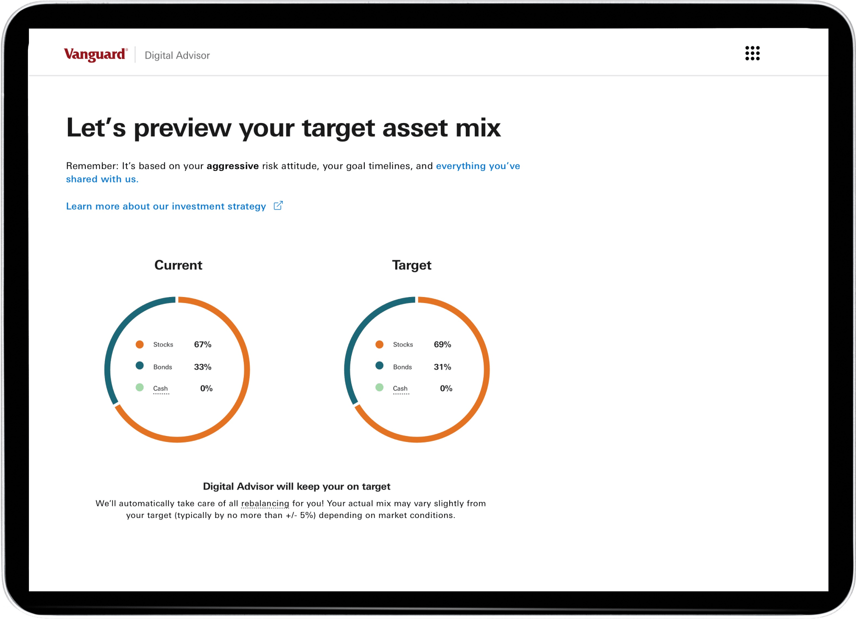 Webpage screenshot with header: Let's preview your target asset mix