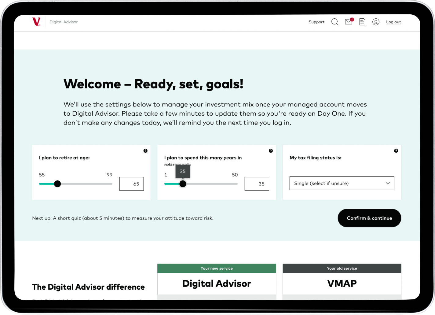 Webpage screenshot with header: Welcome -- Ready, set, goals! The sample page shows the participant's Digital Advisor profile settings.