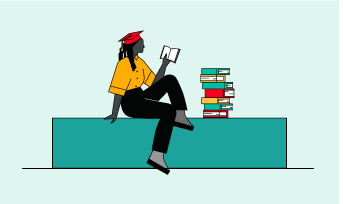 An academic-themed illustration showing a graduate wearing a red cap and yellow shirt, seated on a teal block while reading a book. A stack of colorful books is placed nearby, symbolizing knowledge, education, and lifelong learning. The minimalist design uses bold outlines and contrasting colors on a light background, conveying focus and intellectual growth.