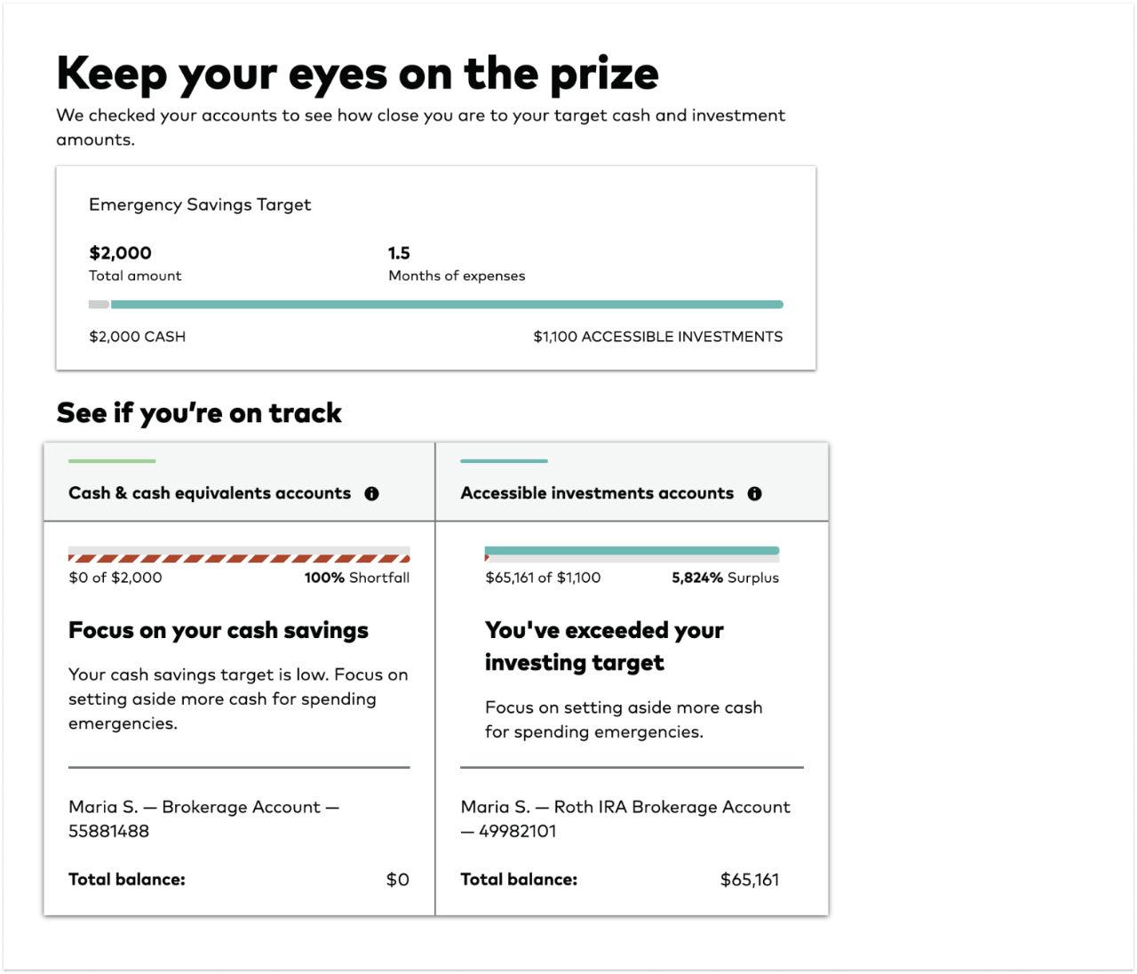 Screenshot of the Rainy Day Tool with the headline “See if you’re on track.” Shows the user’s progress toward their emergency savings goal.