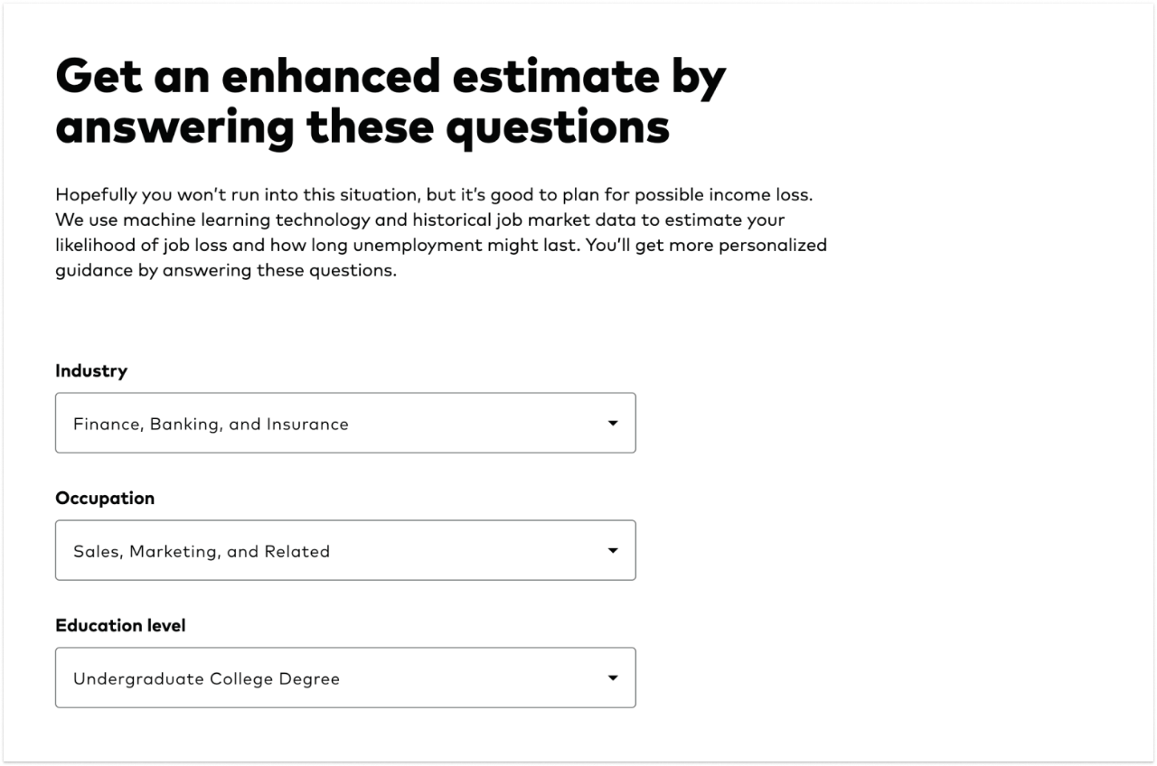 Screenshot of the Rainy Day Tool with the headline “Get an enhanced estimate by answering these questions.” Includes drop-down menus for industry, occupation, and education level.