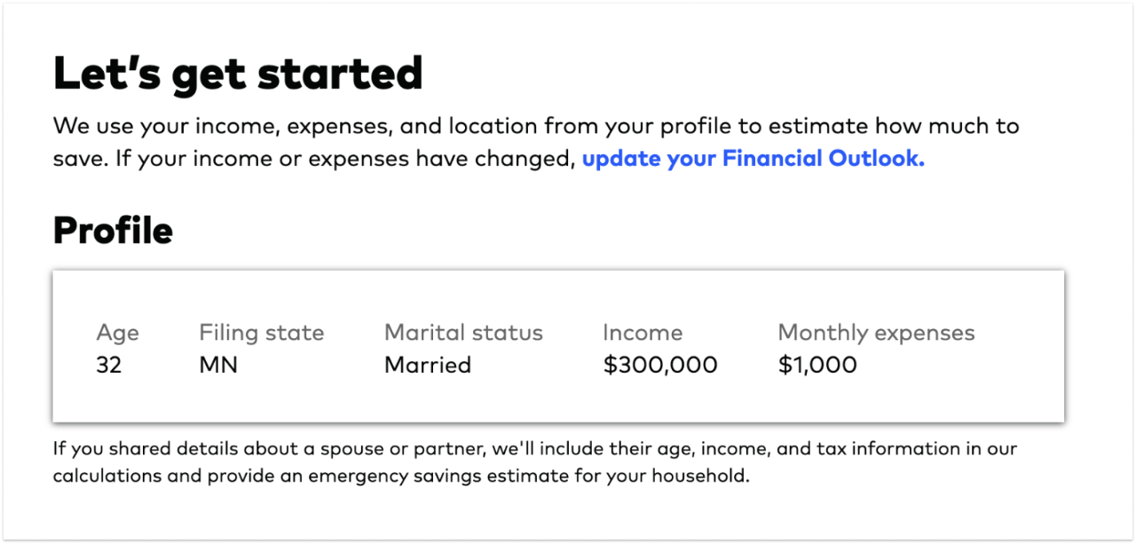 Screenshot of the Rainy Day Tool with the headline “Let’s get started.” Shows a hypothetical investor profile with age, filing state, marital status, income, and monthly expenses.