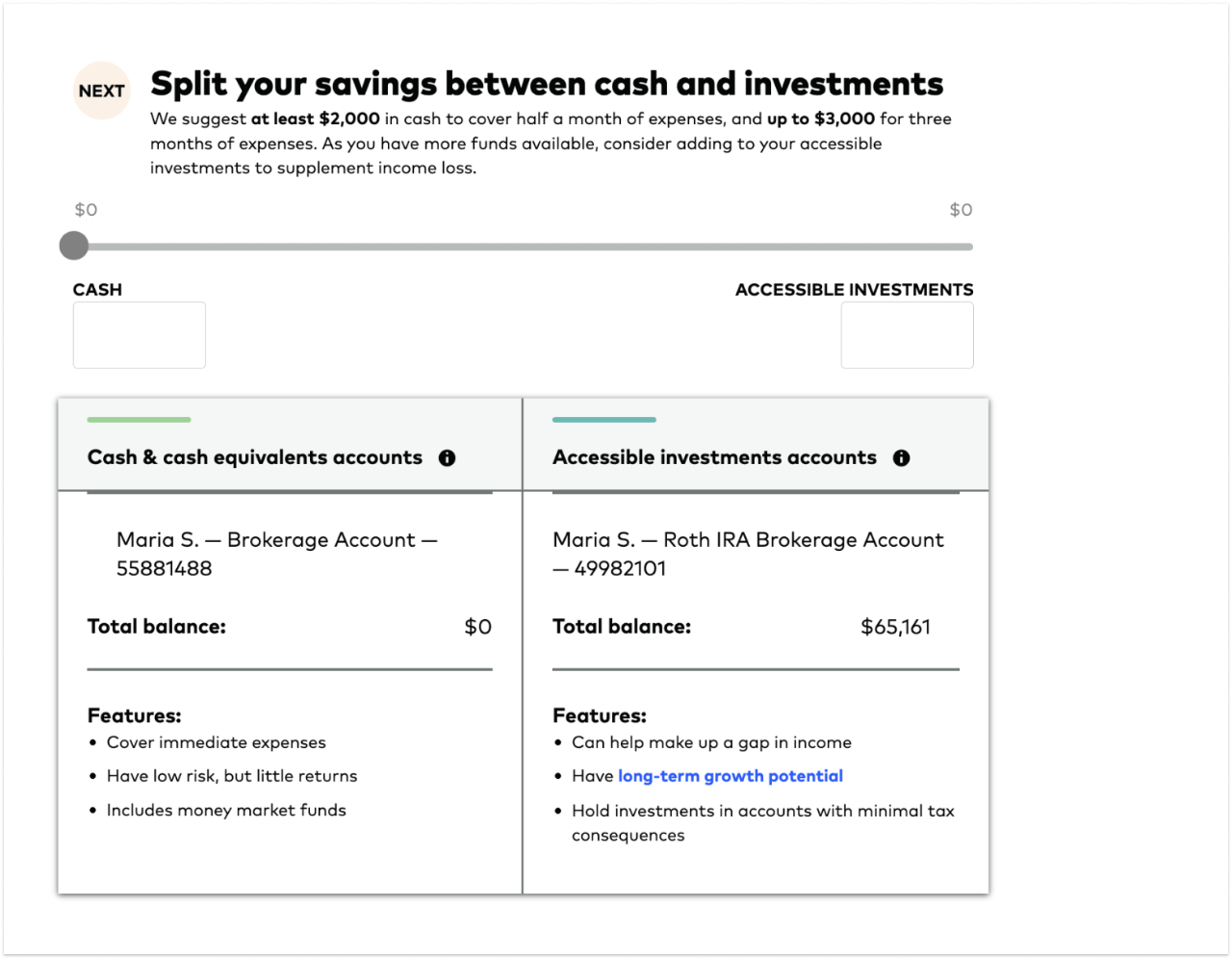 Screenshot of the Rainy Day Tool with the headline “Next, split your savings between cash and investments.” Includes a sliding scale where the user can select how much of their emergency savings to have in cash and how much to invest.