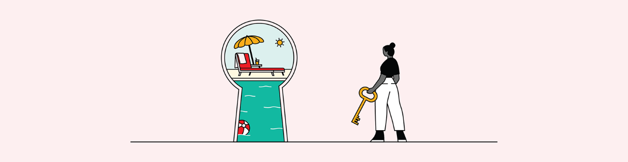 A person with a large key stands before a keyhole showing a sunny beach with a lounge chair, umbrella, and drink.